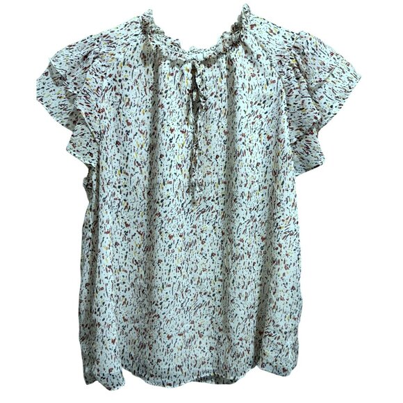 Joie Confetti Print Split V Ruffled Neckline Double Flutter Sleeve Lined Top SzL - Picture 1 of 5